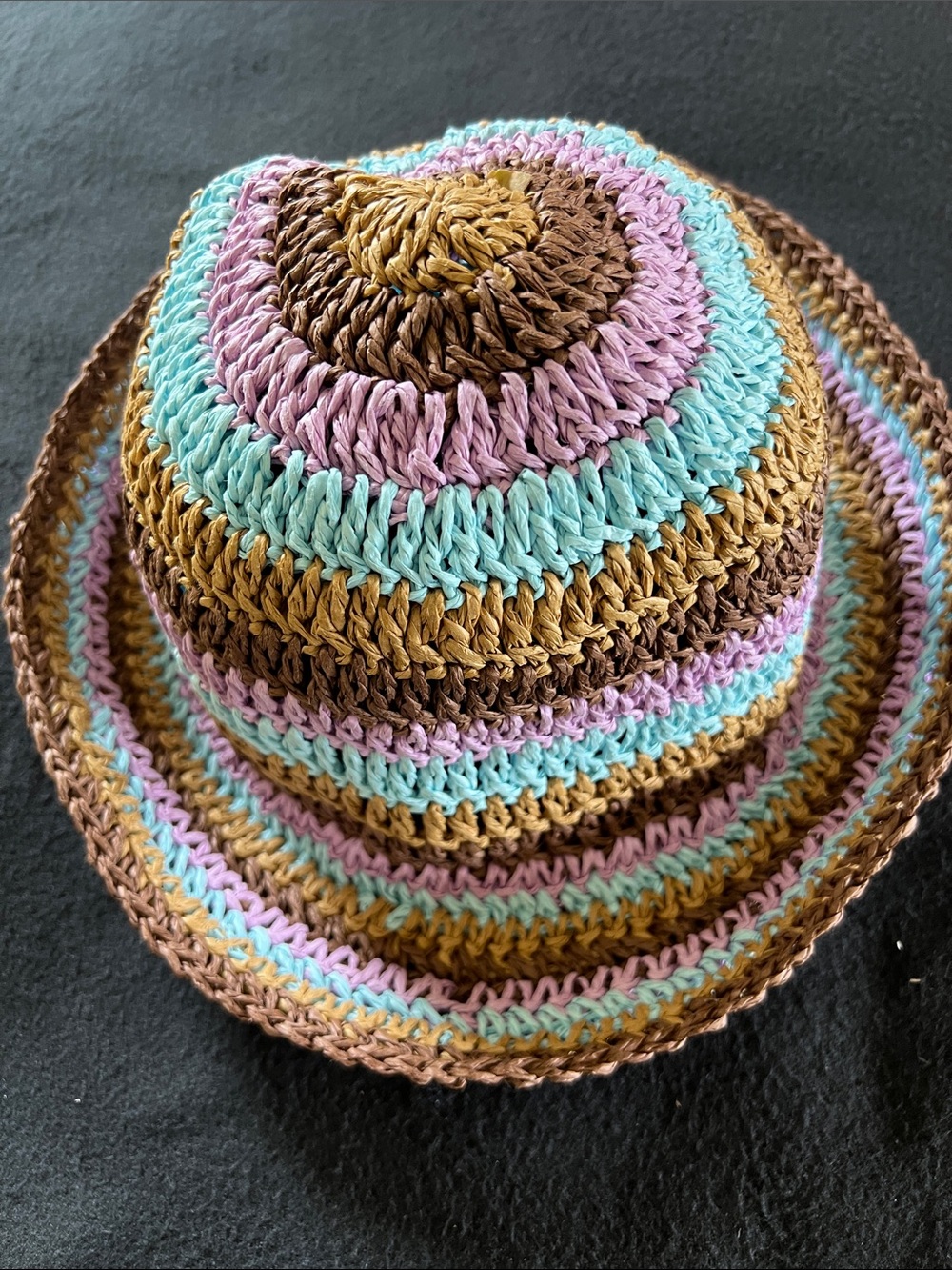 Handcrafted Striped Crochet Sun Hat in Brown, Aqua & Lavender - Folds Flat
